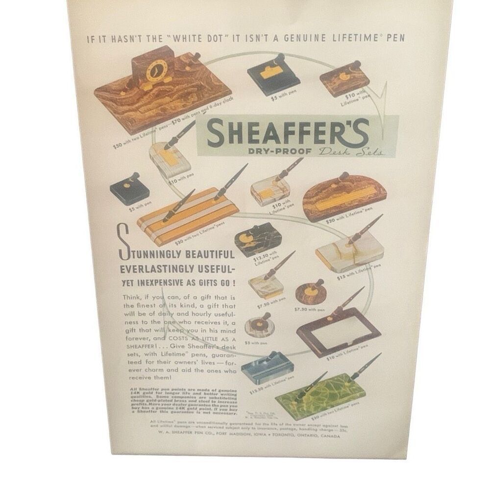 Vintage 1938 Sheaffer’s Dry Proof Desk Set Ad Advertisement